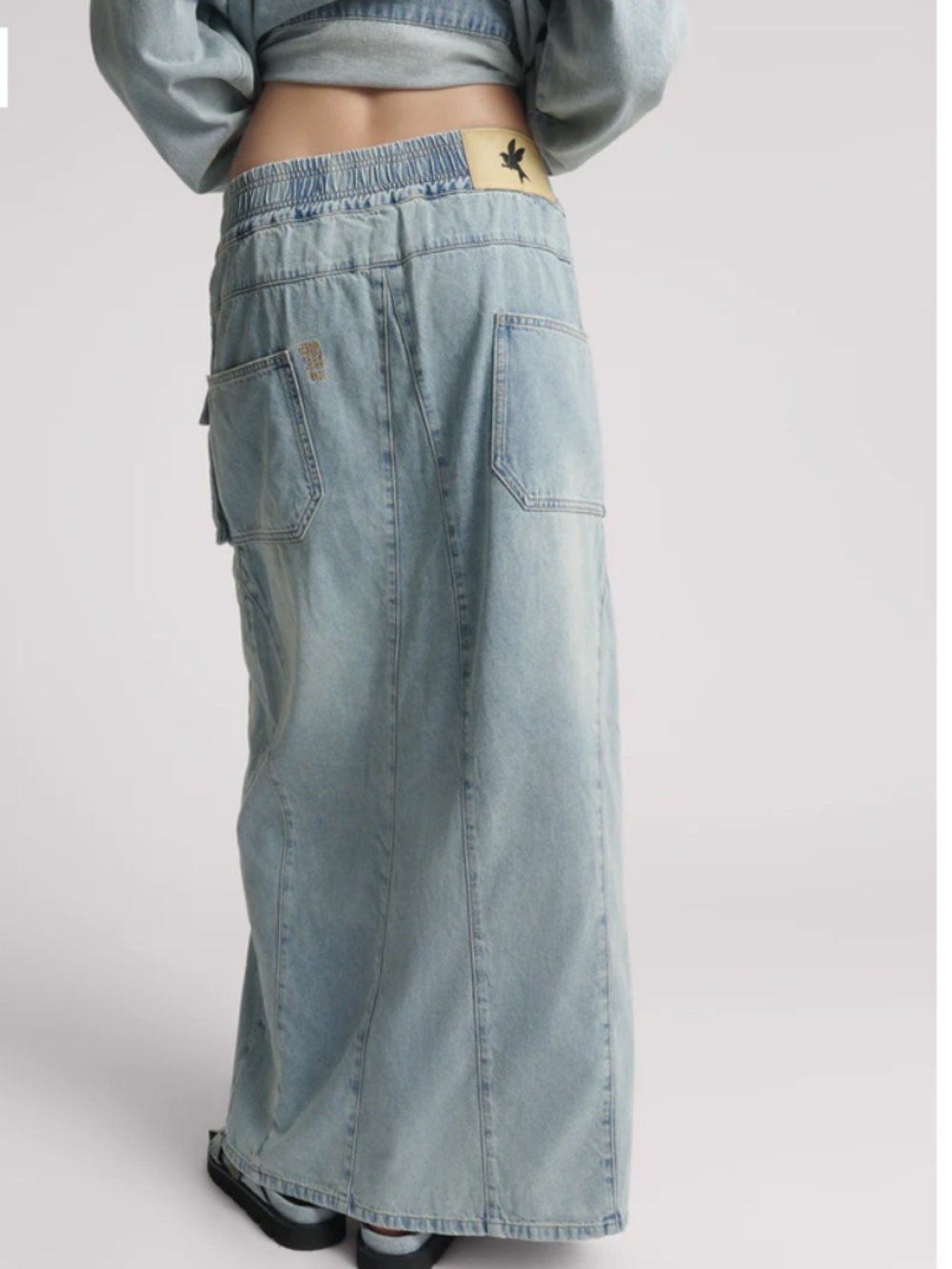 Parachute Low Waist Split Front Maxi Denim Skirt - Soft Blue
